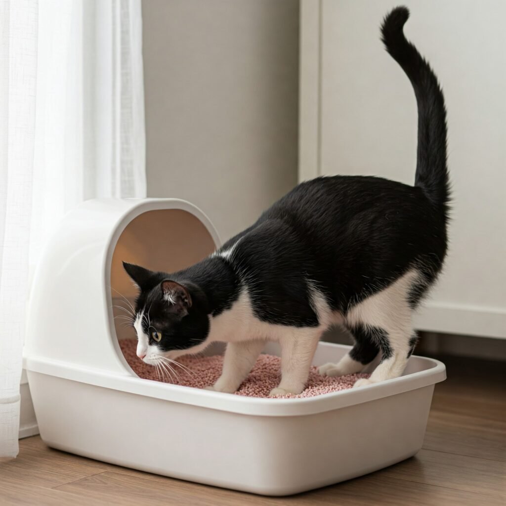 Black and white cat using a modern, semi-covered litter box with pink litter near a window